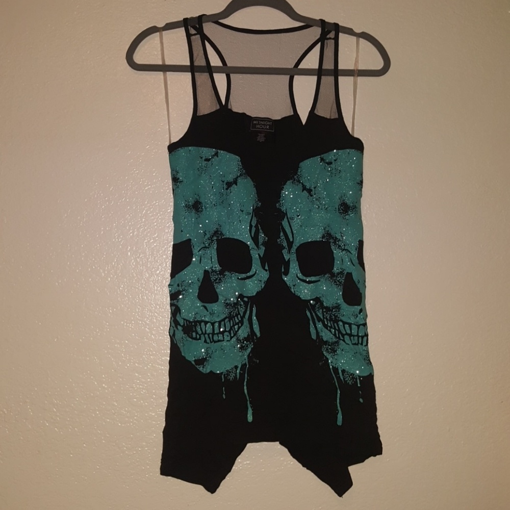 Racer Back Tank Top with Teal Sequined Skulls